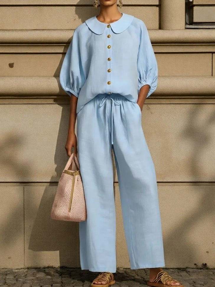 Women's Puff Sleeve Collared Shirt Wide Leg Pants Set