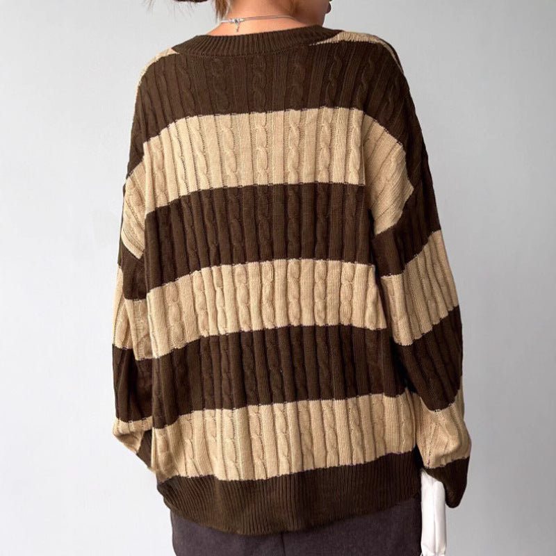 Women's Oversized V-Neck Striped Cable Knit Sweater