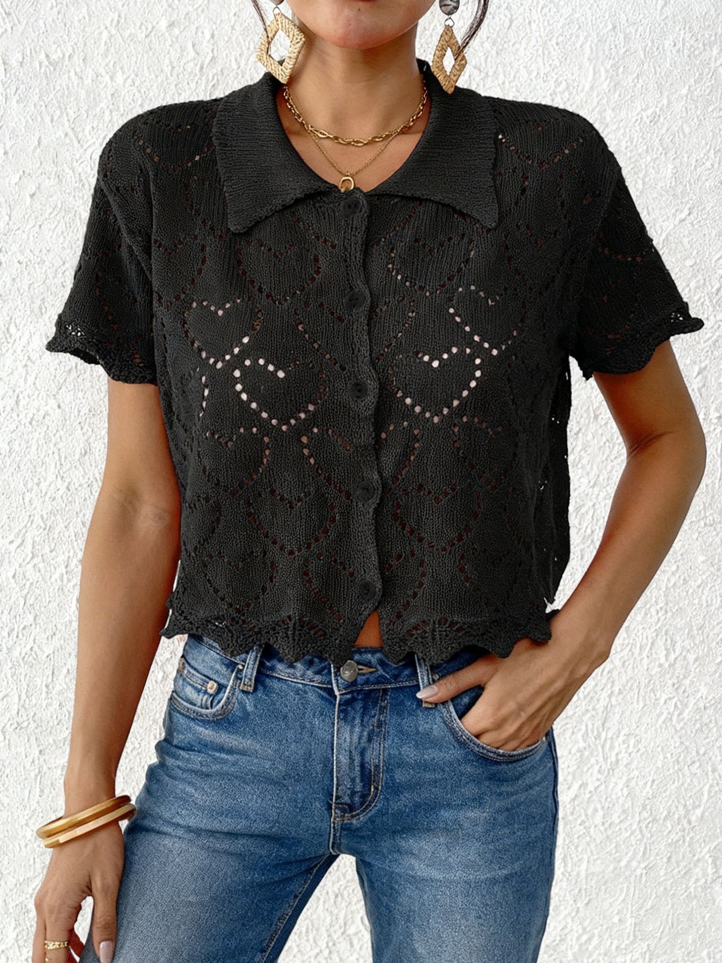 Crochet Heart Knit Button Front Cardigan Beach Cover Up