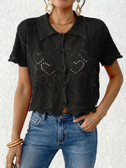 Crochet Heart Knit Button Front Cardigan Beach Cover Up