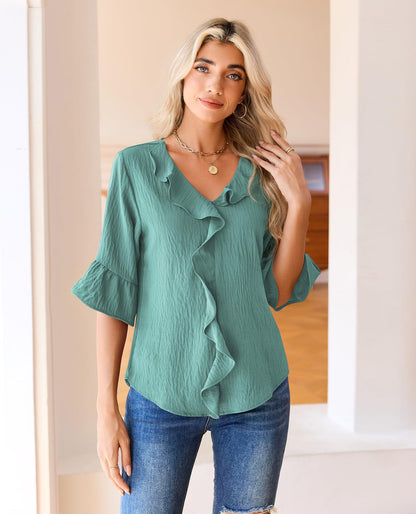 Ruffle V Neck 3/4 Sleeve Textured Blouse Top