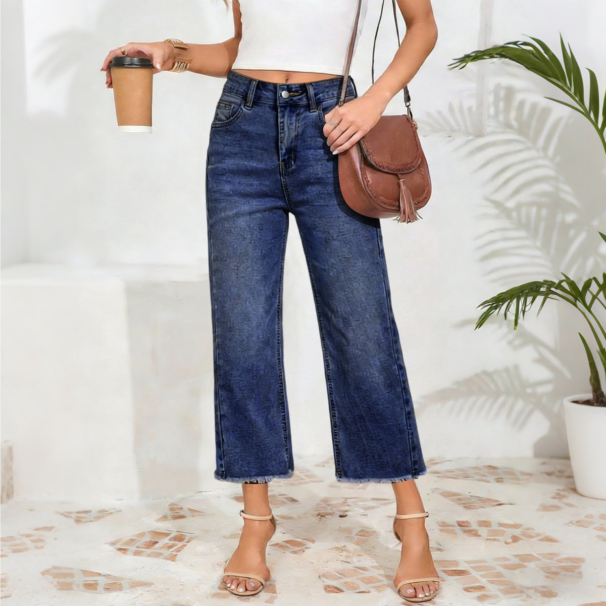 Women's High Waist Vintage Wash Stretch Cropped Jeans