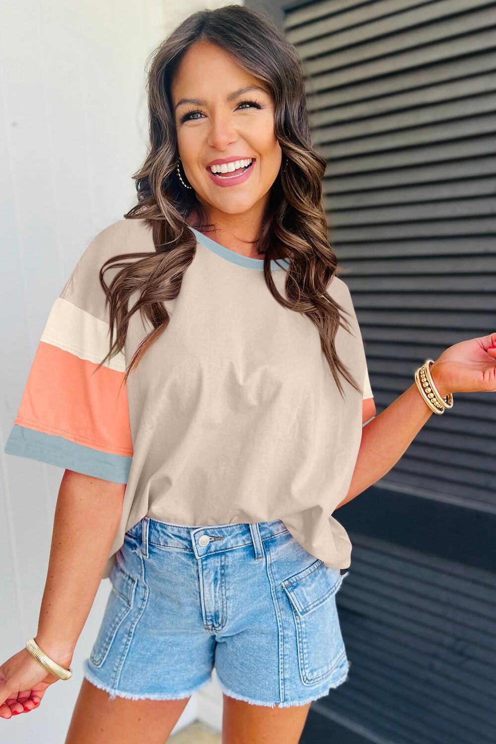 Colorblock Cotton Tee Loose Crew Neck Short Sleeve
