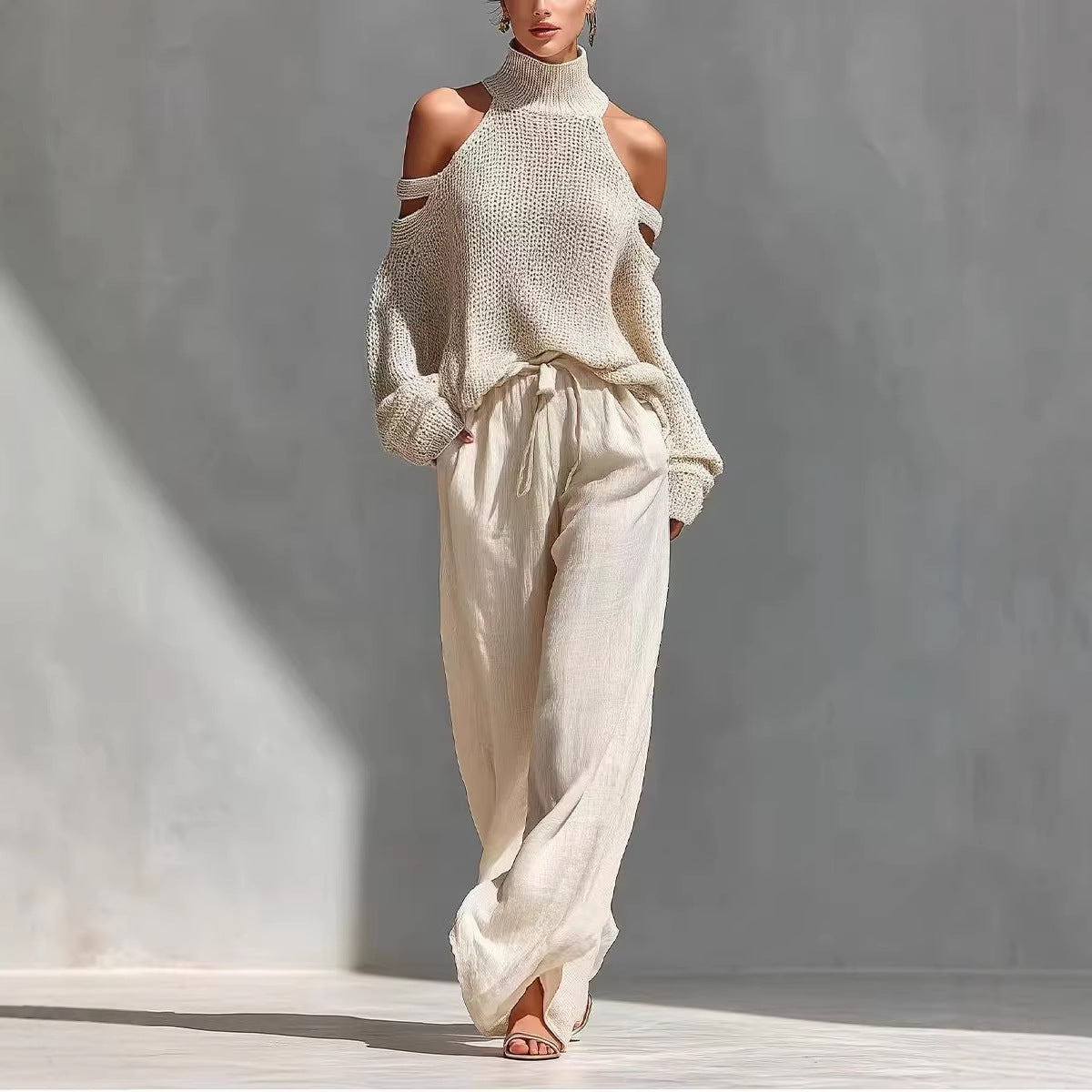 Cold Shoulder Turtleneck Sweater Wide Leg Pants Set