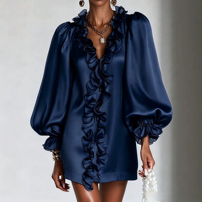 Women's Puff Sleeve Ruffle Deep V-Neck Mini Dress