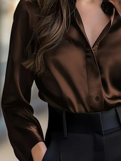 Women's Satin Long Sleeve Button Up V-Neck Blouse