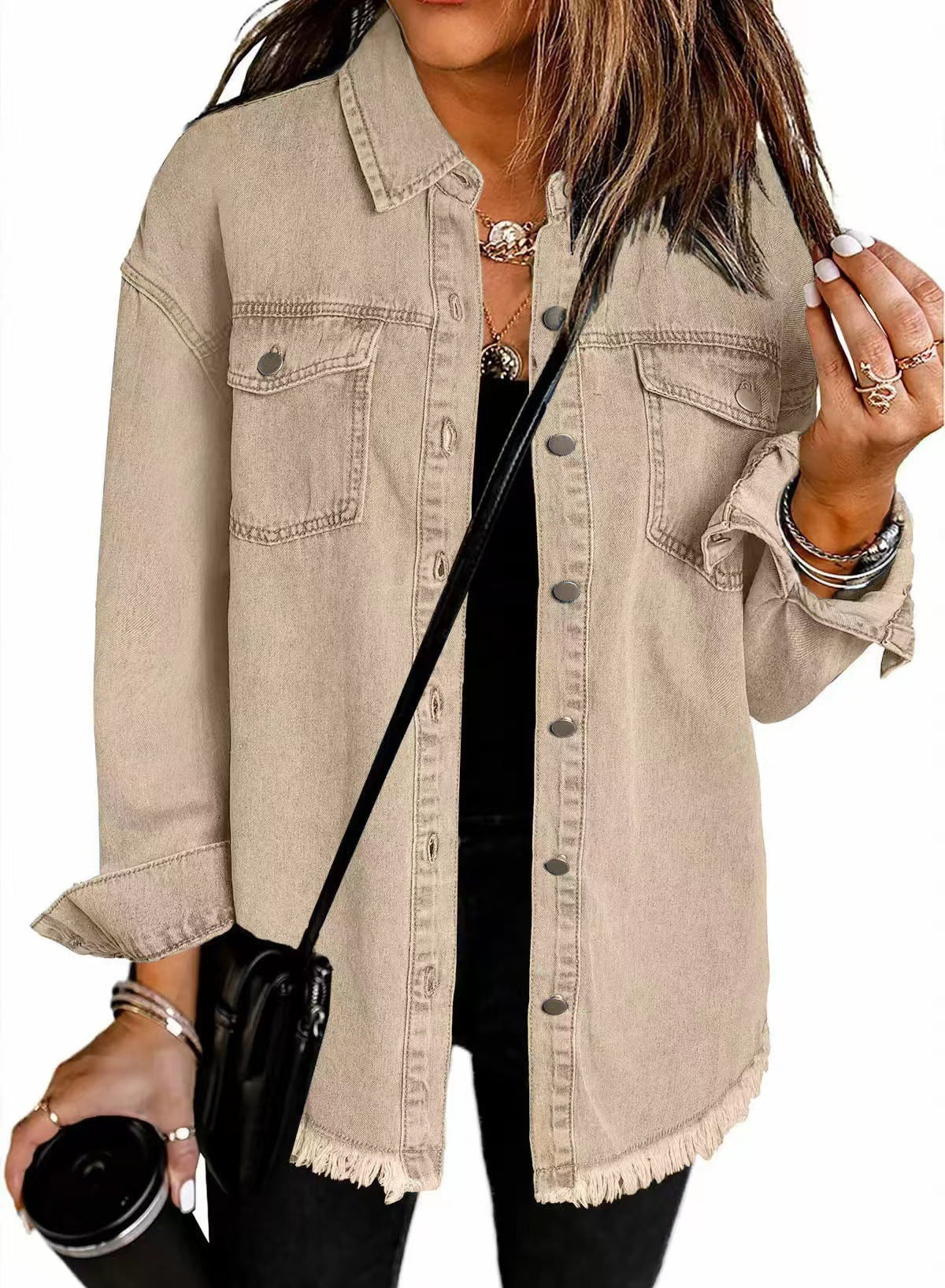 Women's Oversized Denim Shacket Frayed Hem