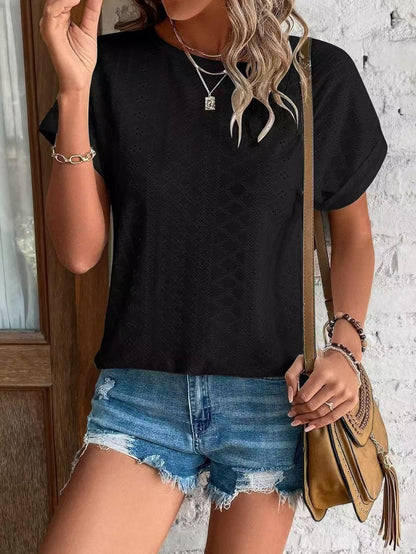 Solid Eyelet Short Sleeve Tee Loose Fit Casual Top