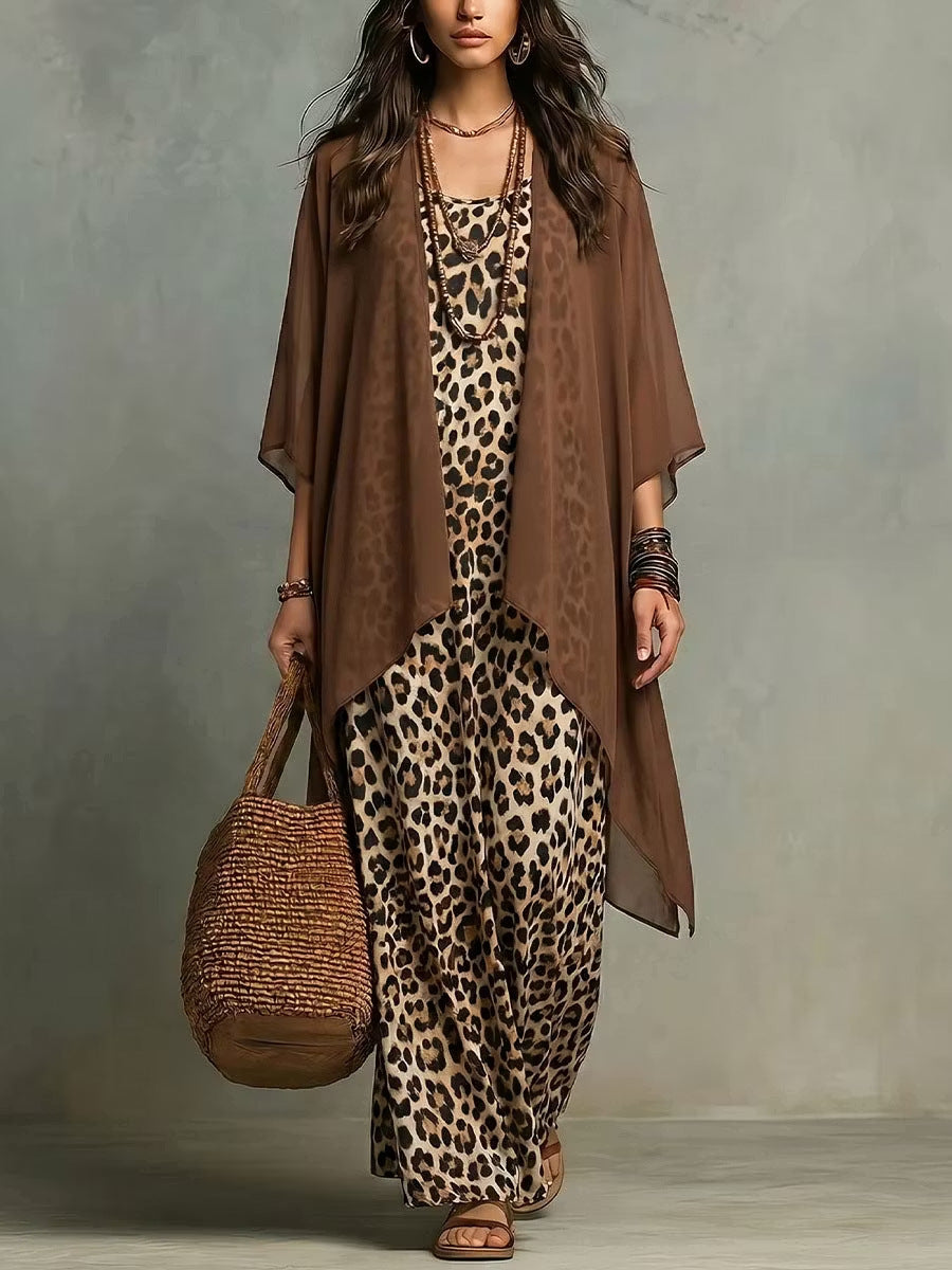 Women's Leopard Print Maxi Dress & Cardigan Set