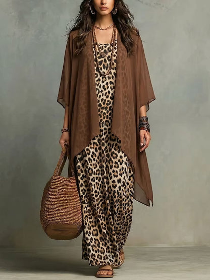 Women's Leopard Print Maxi Dress & Cardigan Set