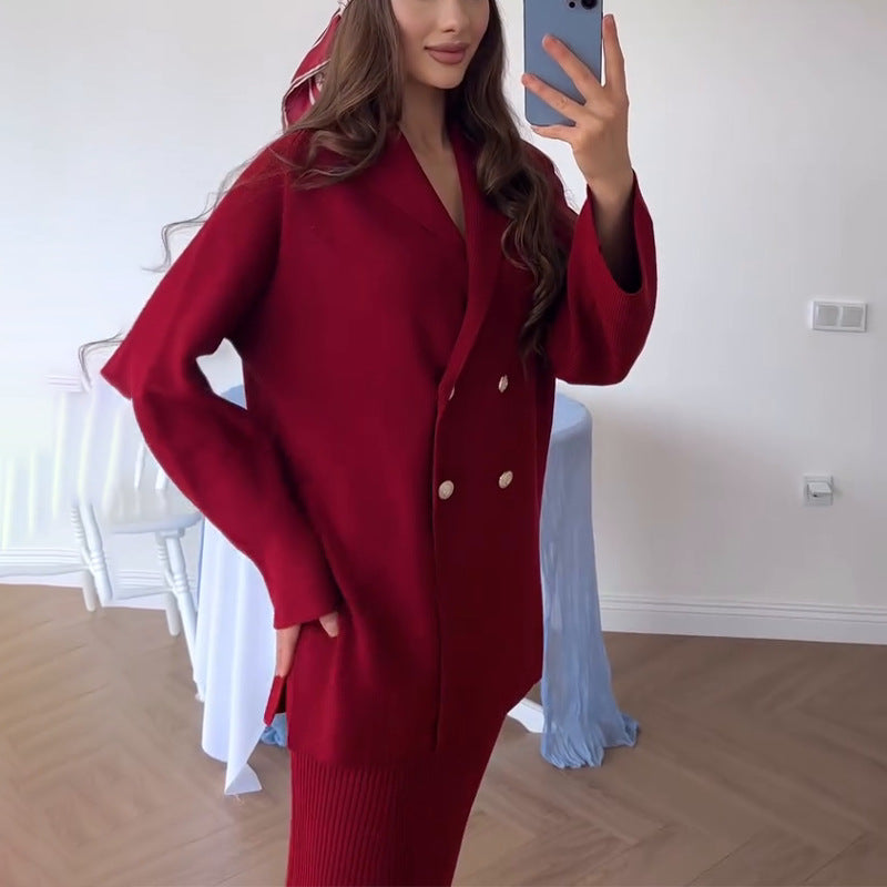 Elegant Two Piece Button Cardigan Maxi Skirt Set