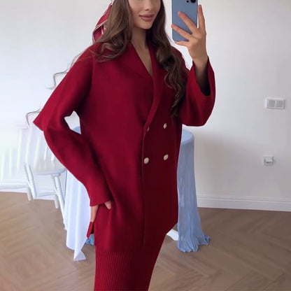 Elegant Two Piece Button Cardigan Maxi Skirt Set