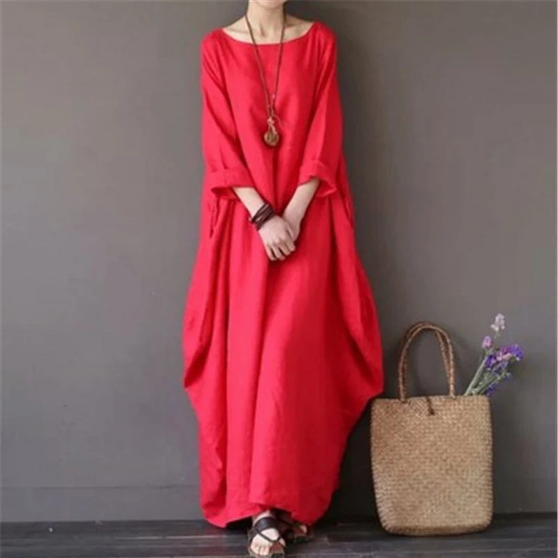 Women's Casual Loose Maxi Dress Long Sleeve Ruffle Hem Solid