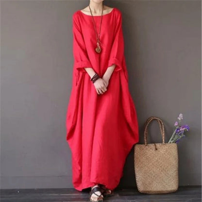 Women's Casual Loose Maxi Dress Long Sleeve Ruffle Hem Solid
