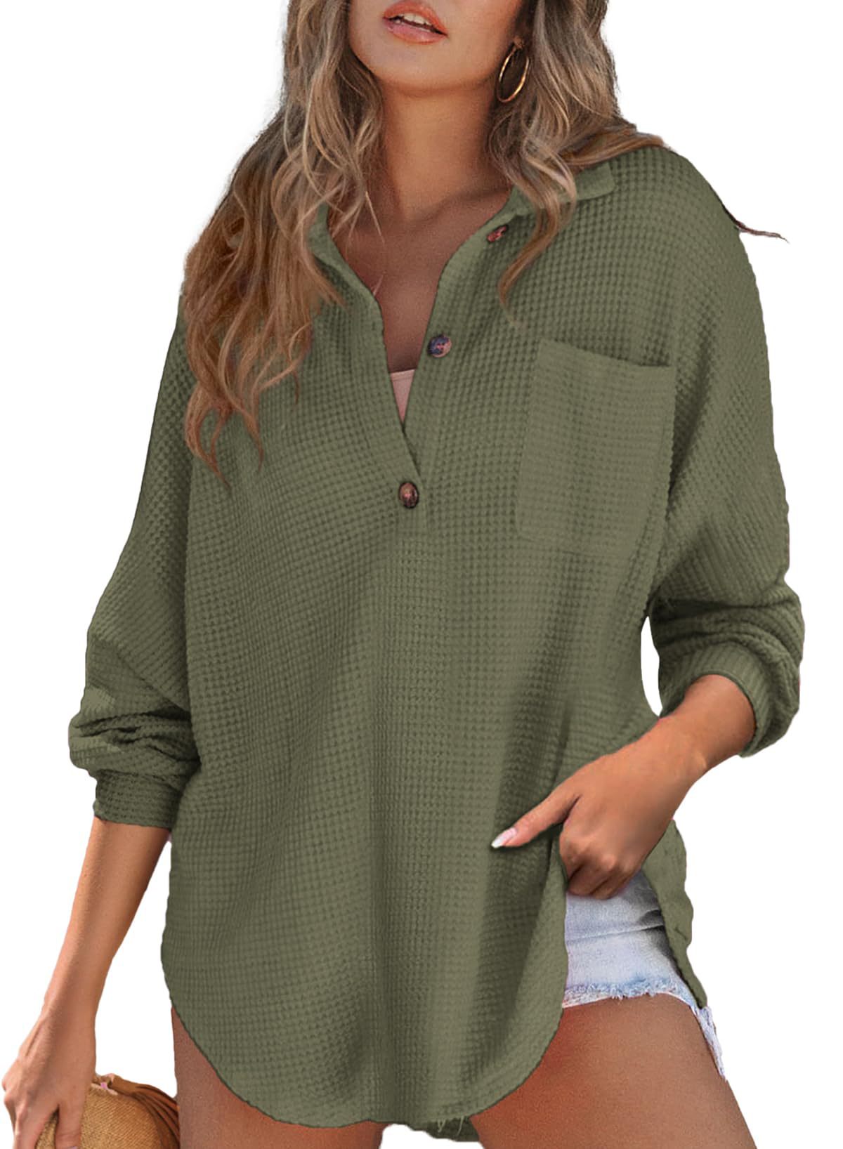 Women's Waffle Knit Oversized Collared Pocket Tunic Top