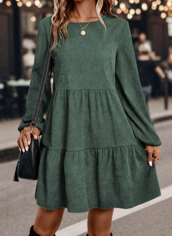 Women's Corduroy Long Sleeve Tiered Fall Casual Midi Dress