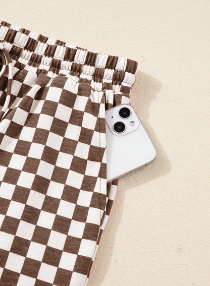 Rose Red Checkerboard Tee and Drawstring Shorts Set