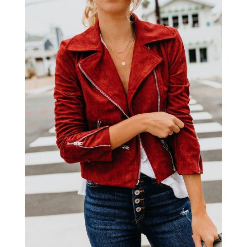 Women's Faux Suede Moto Jacket Zip Up Cropped Biker Coat