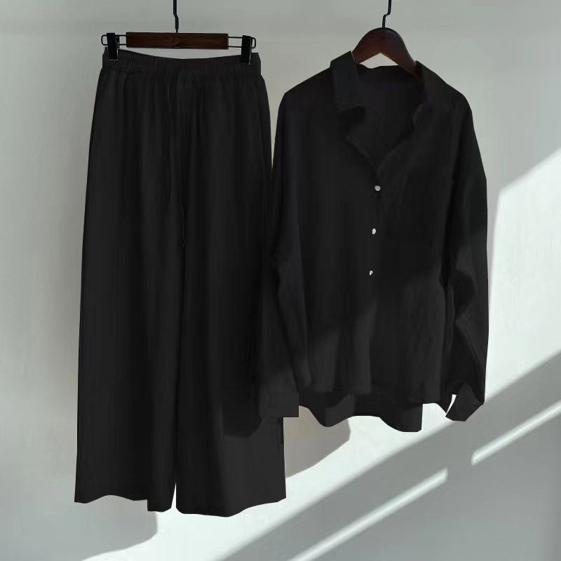 Linen Blend Button Shirt Wide Leg Pants Two Piece Set