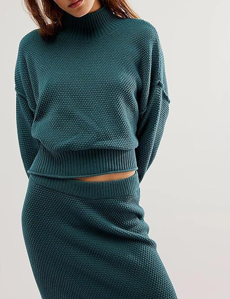 Women's Knit Two Piece Set Mock Neck Sweater Midi Skirt
