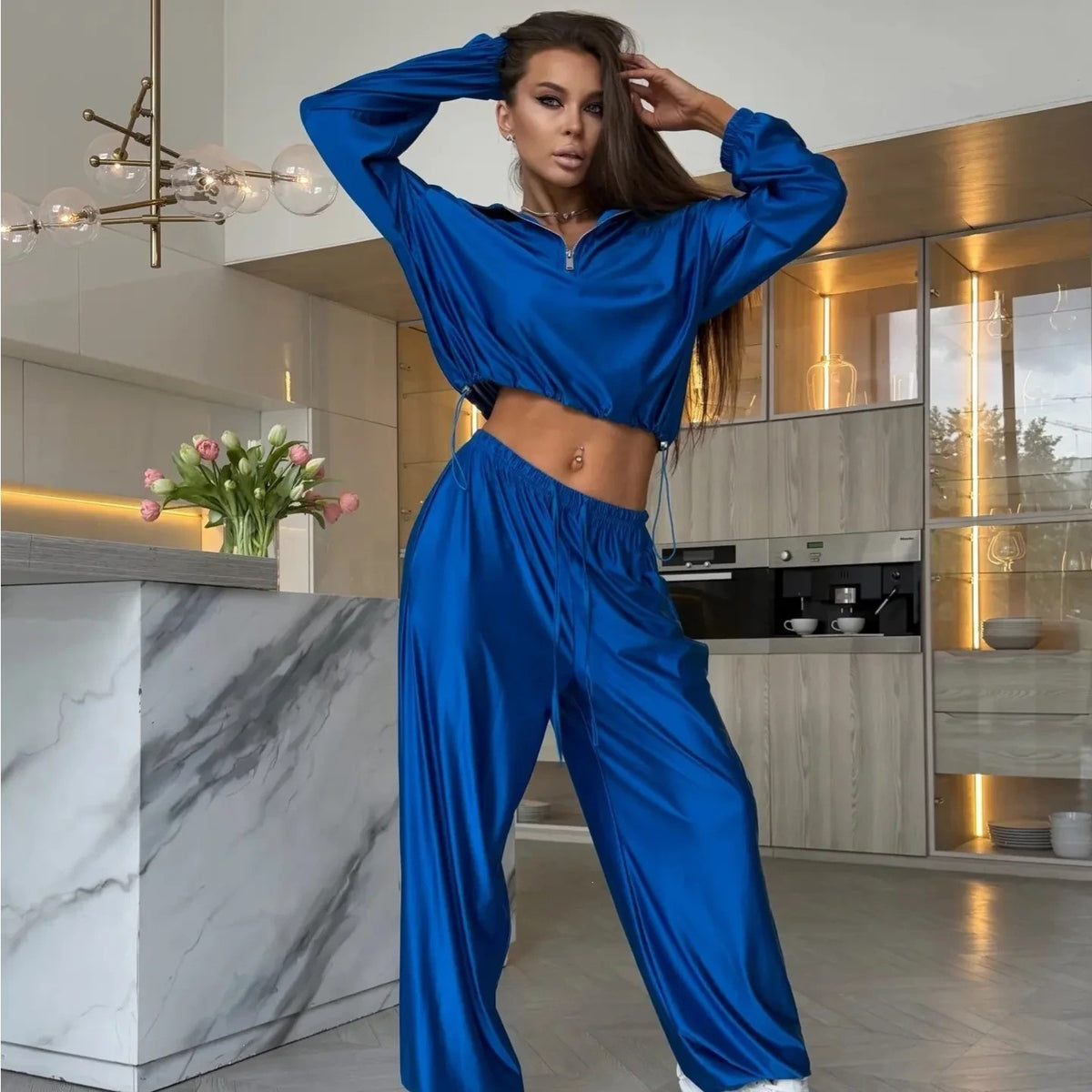 Women's Satin Zip Up Jacket Wide Leg Pants Two Piece Set