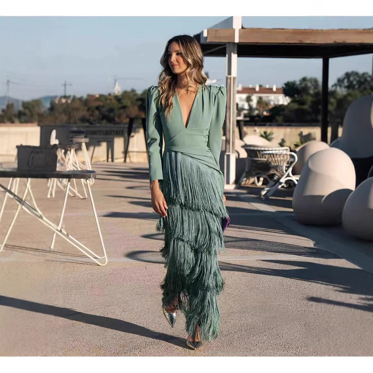 Fringe Maxi Dress Deep V Neck Long Sleeve Bodycon Party