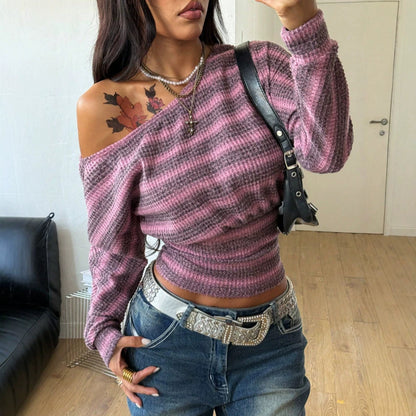 Off Shoulder Striped Knit Top Long Sleeve Trendy Sweater