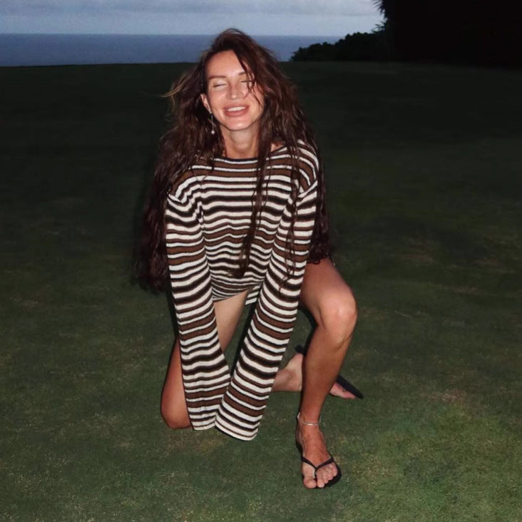 Striped Open Back Long Sleeve Knit Mini Dress