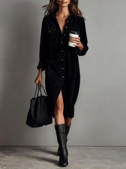 Corduroy Shirt Dress Long Sleeve Button Down Midi