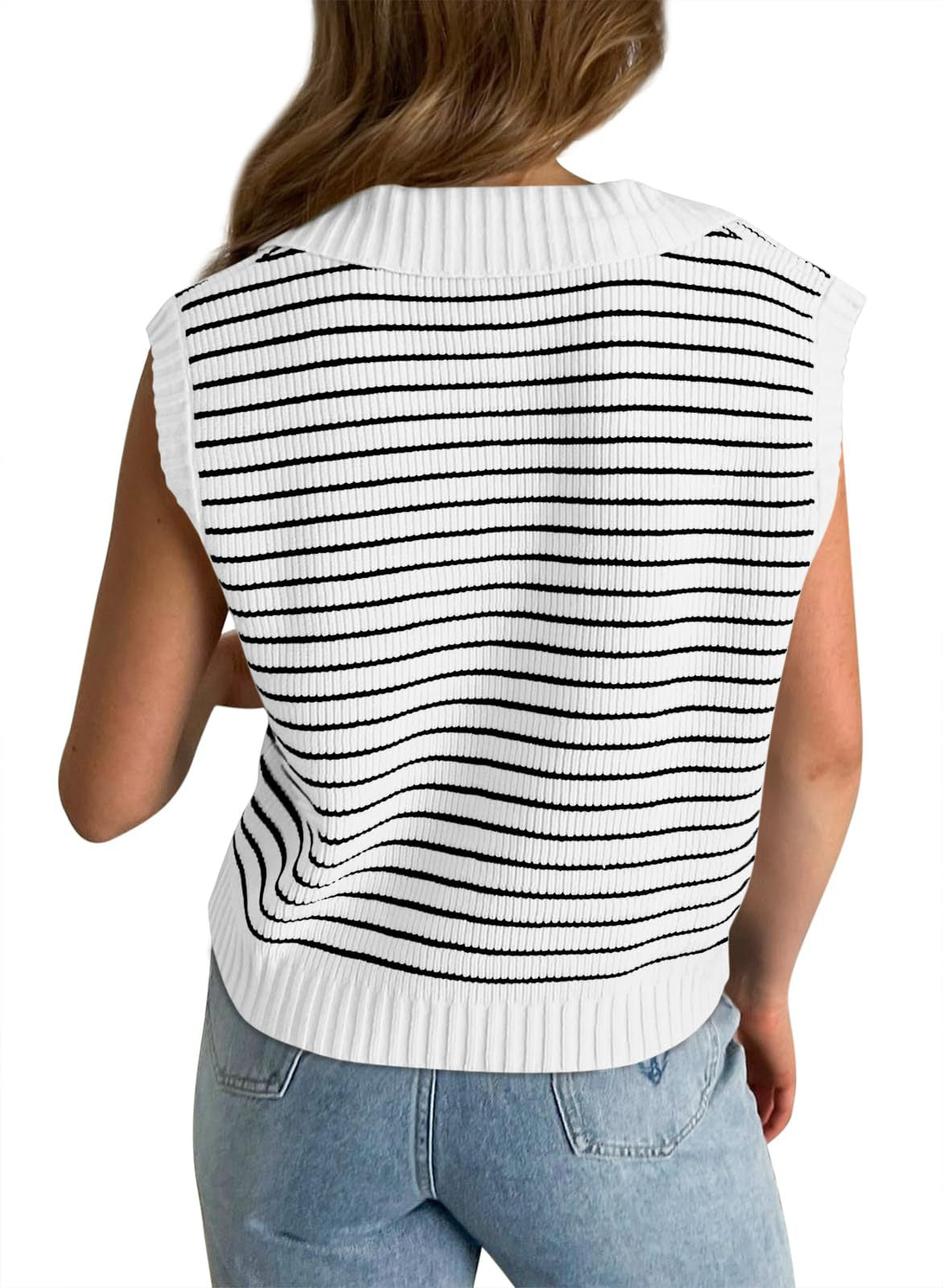 V-Neck Striped Knit Sweater, Casual Lapel Top