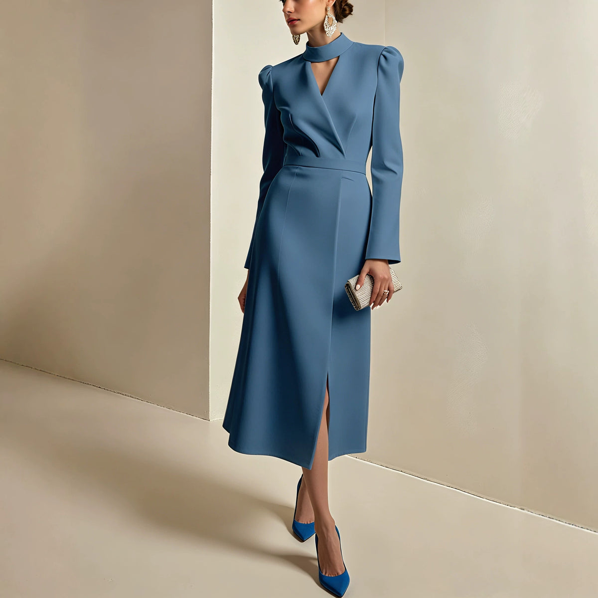 Women's V Neck Long Sleeve A-Line Midi Slit Dress