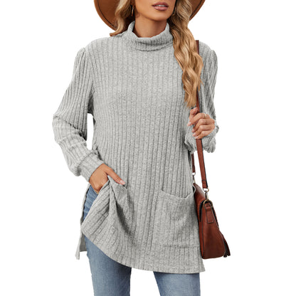 Women's Ribbed Mock Neck Long Sleeve Tunic with Pockets