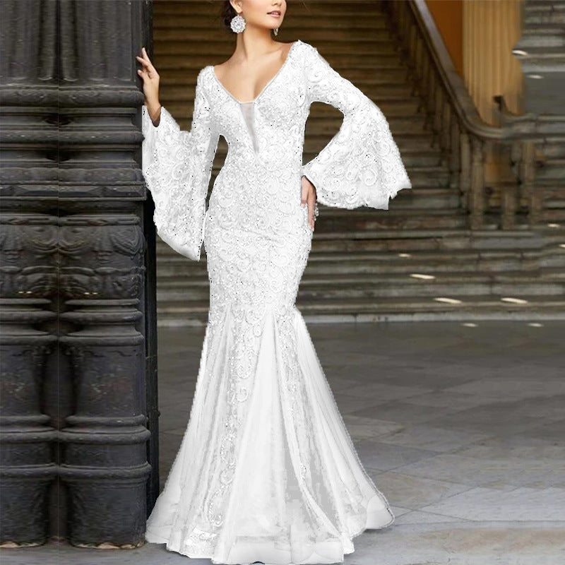 Sexy V-Neck Lace Mermaid Evening Gown Bell Sleeves