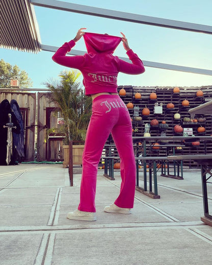 Y2K Rhinestone Velour Tracksuit 2 Piece Matching Set