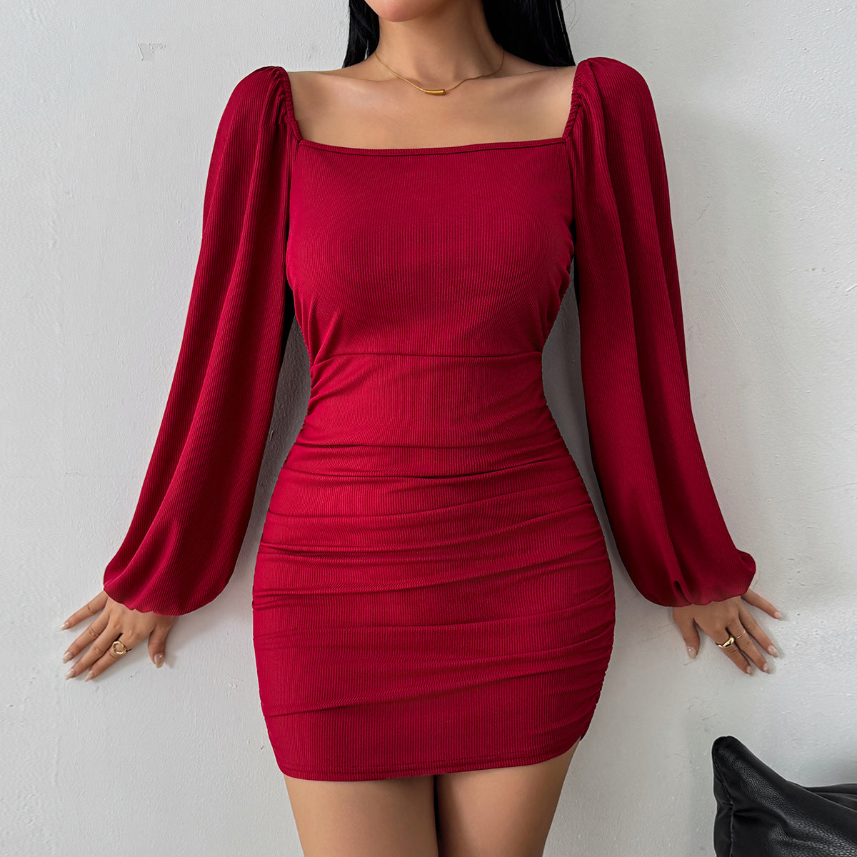 Burgundy Square Neck Long Sleeve Ruched Bodycon Mini Dress