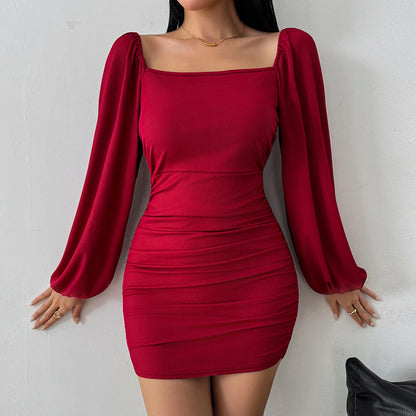 Burgundy Square Neck Long Sleeve Ruched Bodycon Mini Dress