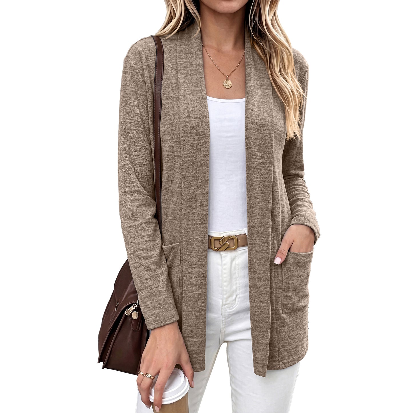 Pocket Open Front Cardigan Long Sleeve Knit Top