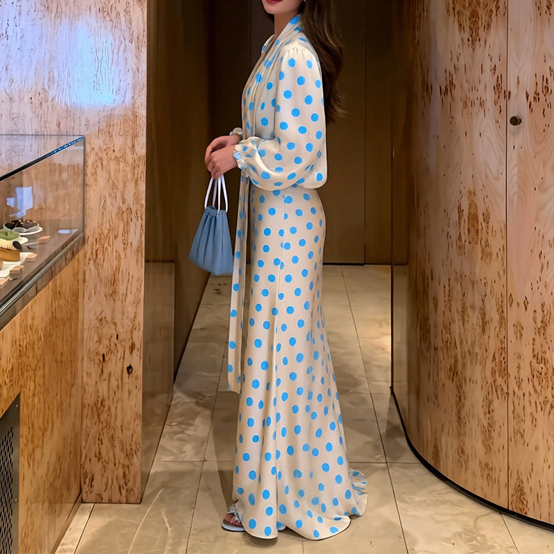 Elegant Polka Dot Puff Sleeve V-Neck Maxi Dress
