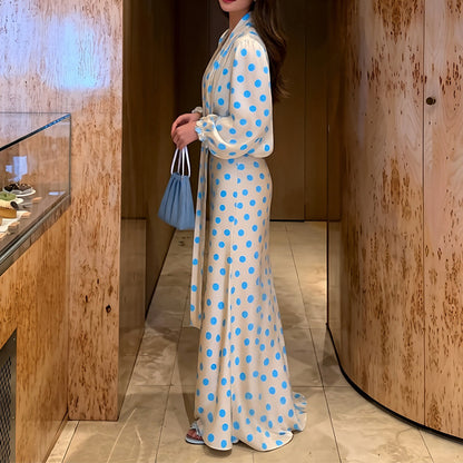 Elegant Polka Dot Puff Sleeve V-Neck Maxi Dress