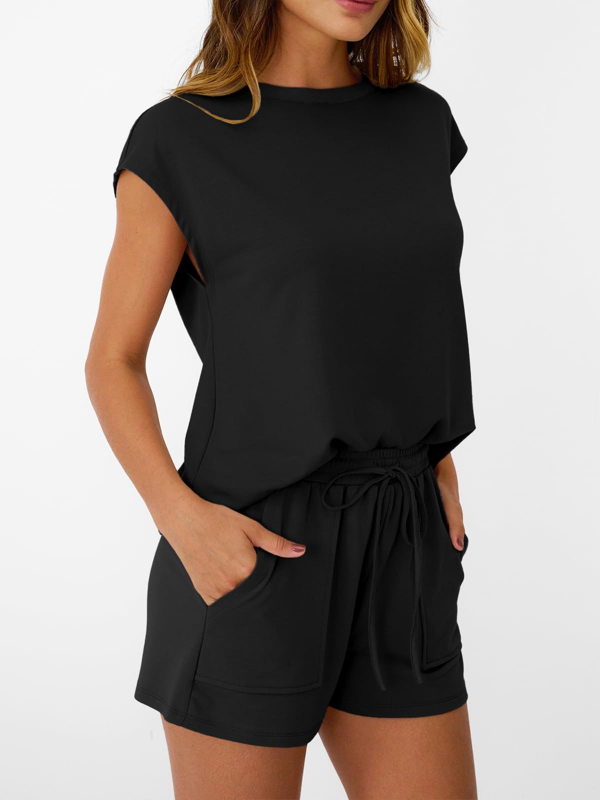 Solid Knit Shorts Set Crew Neck Pocket Lounge Outfit
