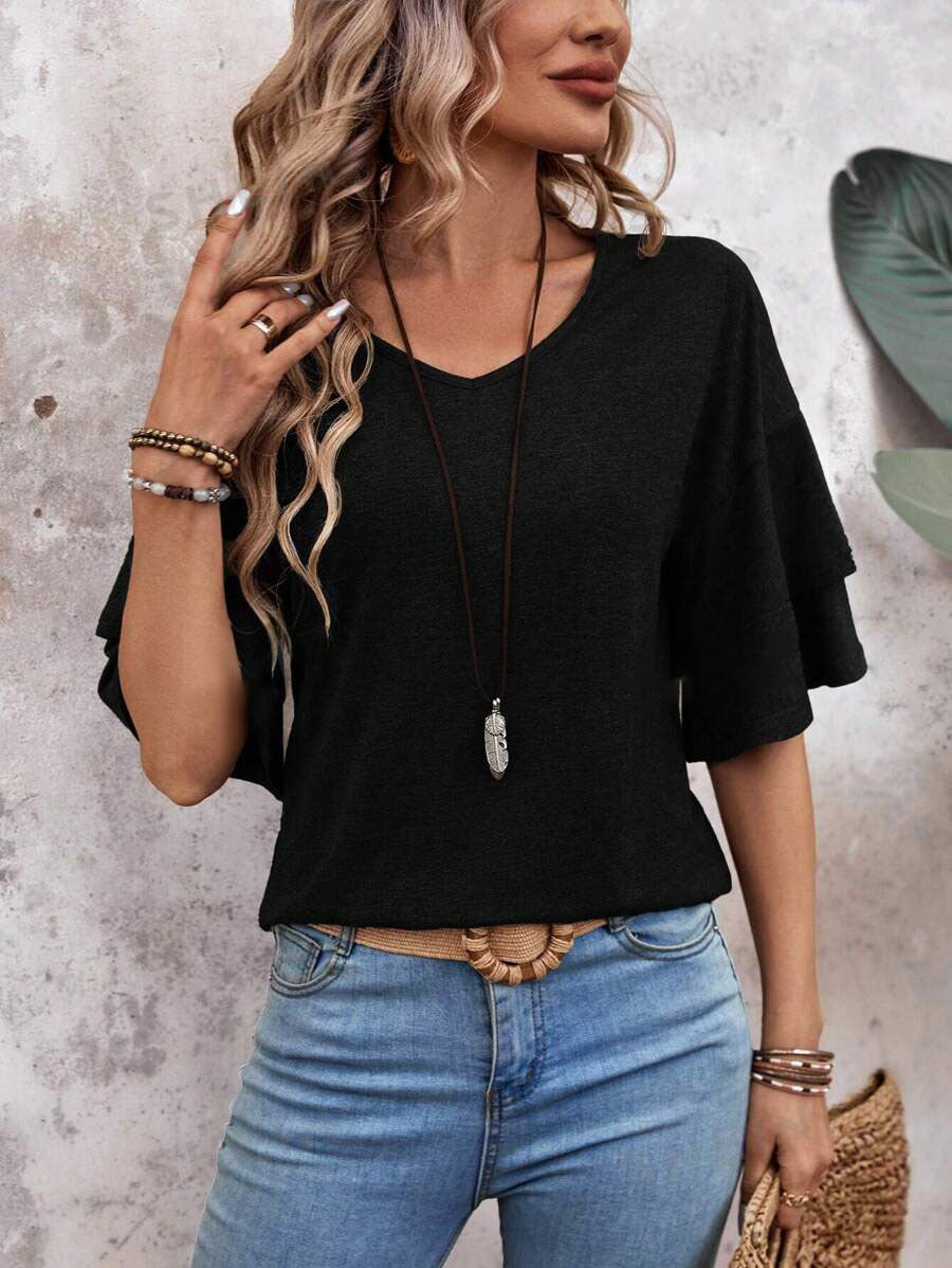 Customizable  Women's V-Neck Flutter Sleeve Top – Casual Summer T-Shirt