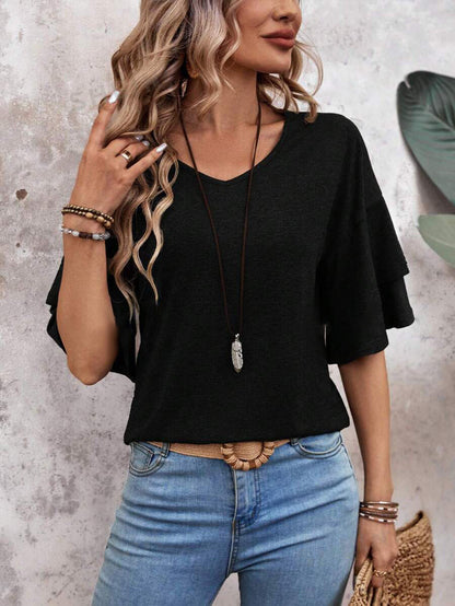 Customizable  Women's V-Neck Flutter Sleeve Top – Casual Summer T-Shirt