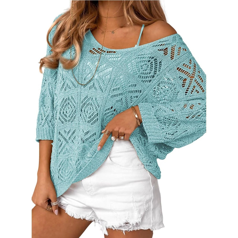 Boho Crochet Cover Up V Neck Beach Knit Sweater