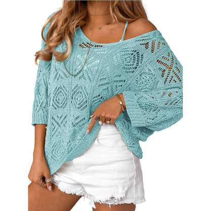 Boho Crochet Cover Up V Neck Beach Knit Sweater