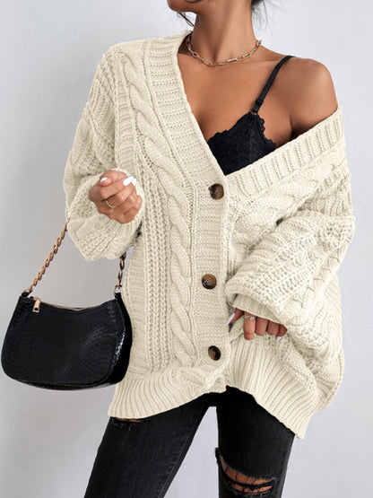 Women's V Neck Cable Knit Lantern Sleeve Cardigan