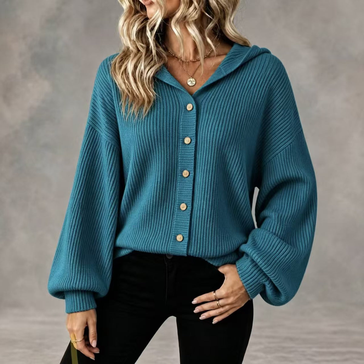 Womens Hooded Ribbed Cardigan Button Front Knit Sweater