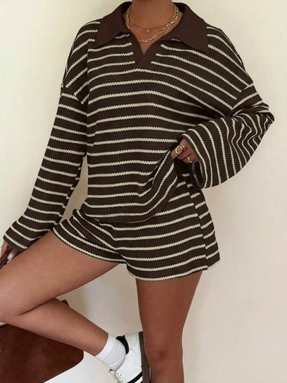 Striped Polo Lounge Set Long Sleeve Top & Shorts Set
