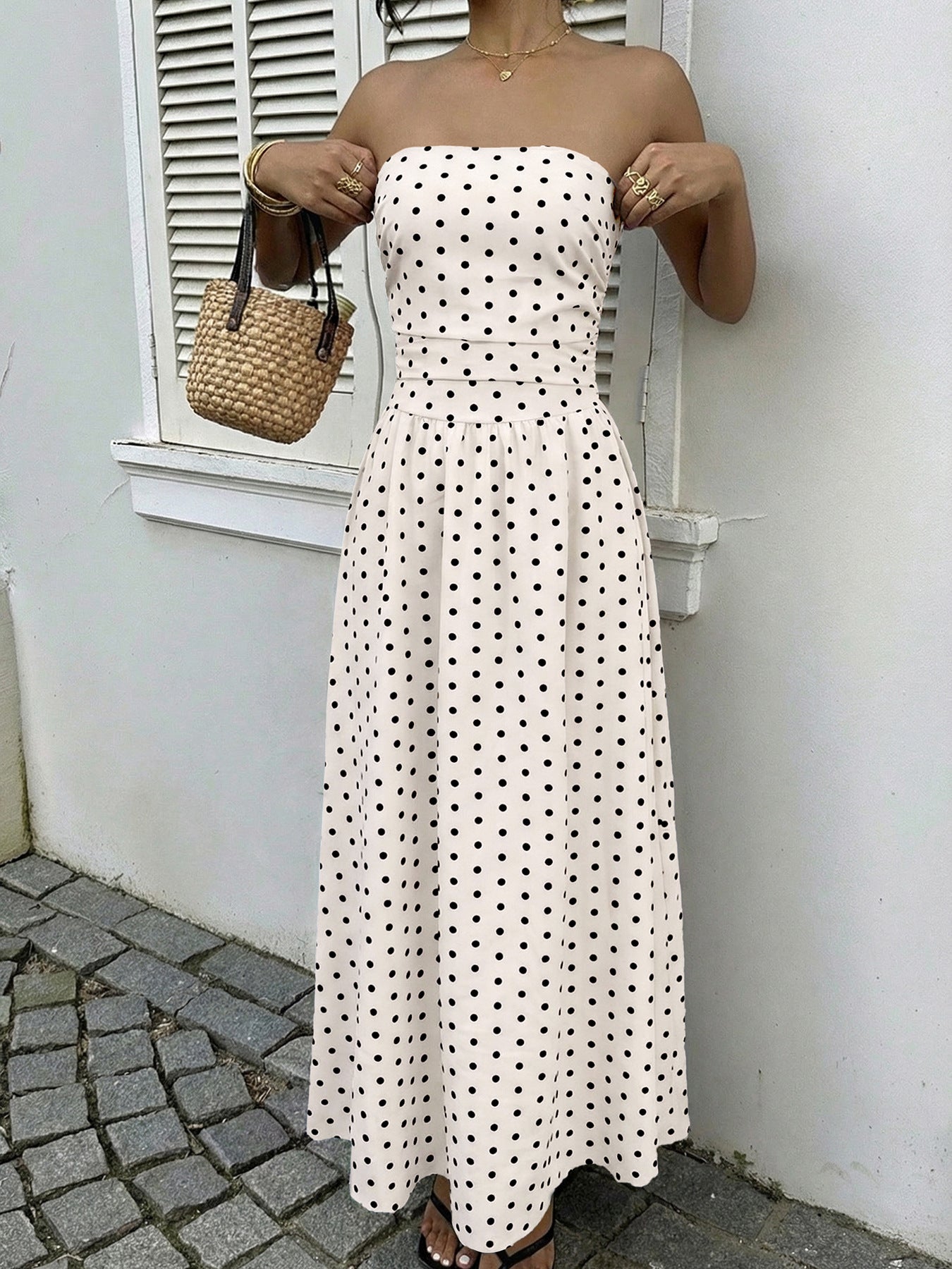 Strapless Polka Dot Maxi Dress Elegant Summer Dress