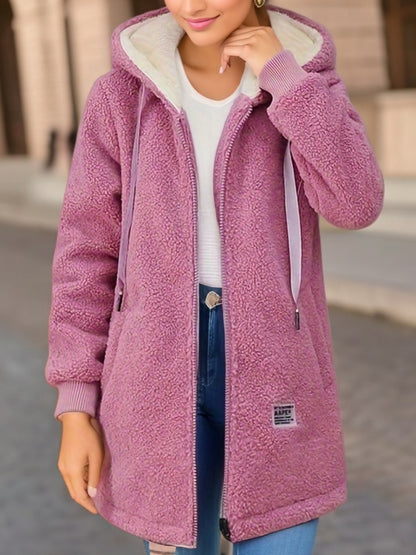 Women's Sherpa Fleece Hooded Zip Up Longline Jacket