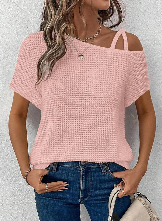 Women's Off-Shoulder Knit Top – Casual Summer Short Sleeve Blouse